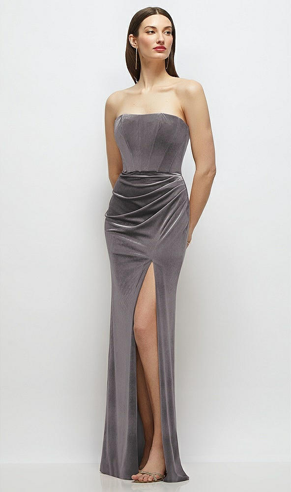 Front View - Caviar Gray Strapless Corset Bodice Velvet Column Maxi Dress