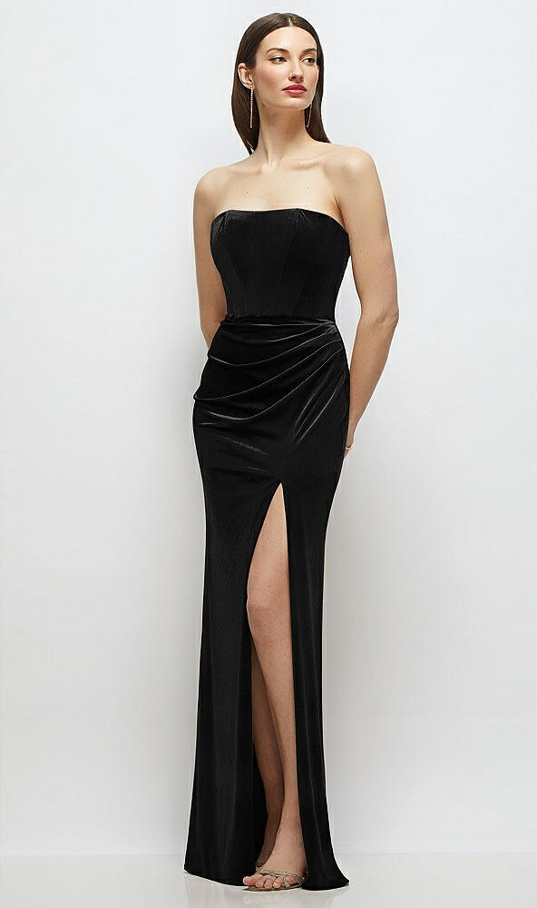 Front View - Black Strapless Corset Bodice Velvet Column Maxi Dress