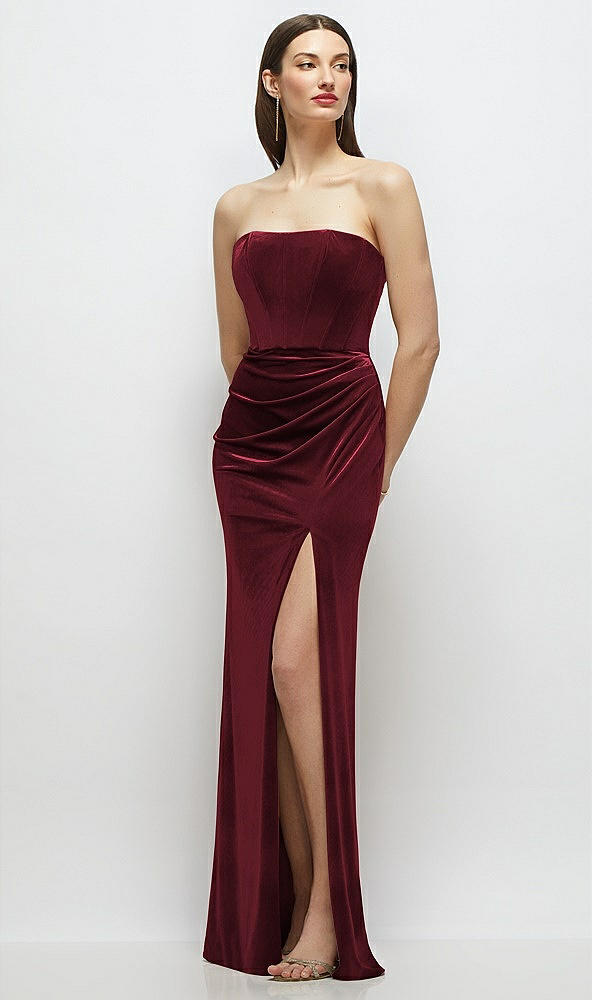 Front View - Cabernet Strapless Corset Bodice Velvet Column Maxi Dress