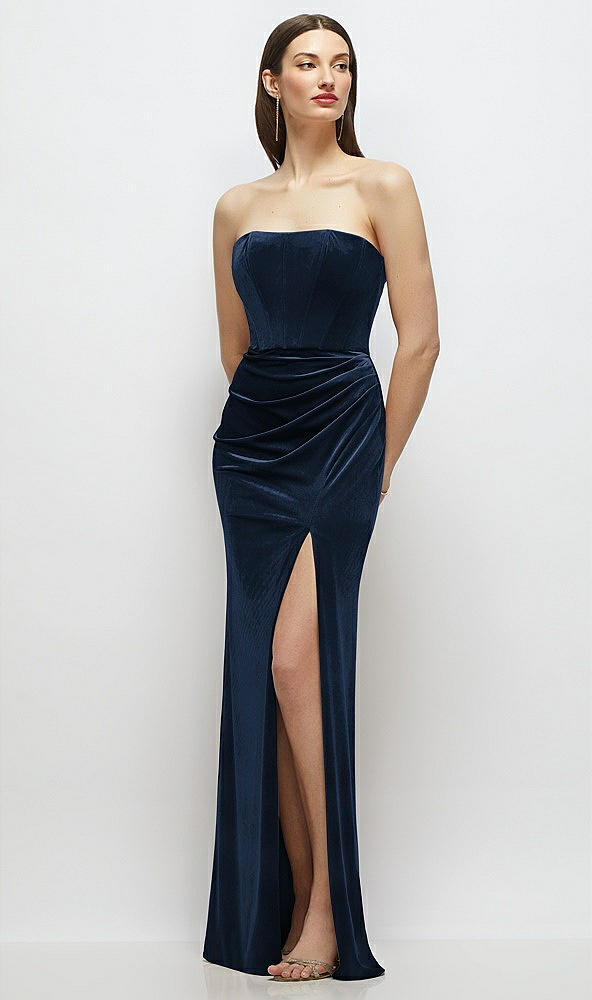 Front View - Midnight Navy Strapless Corset Bodice Velvet Column Maxi Dress