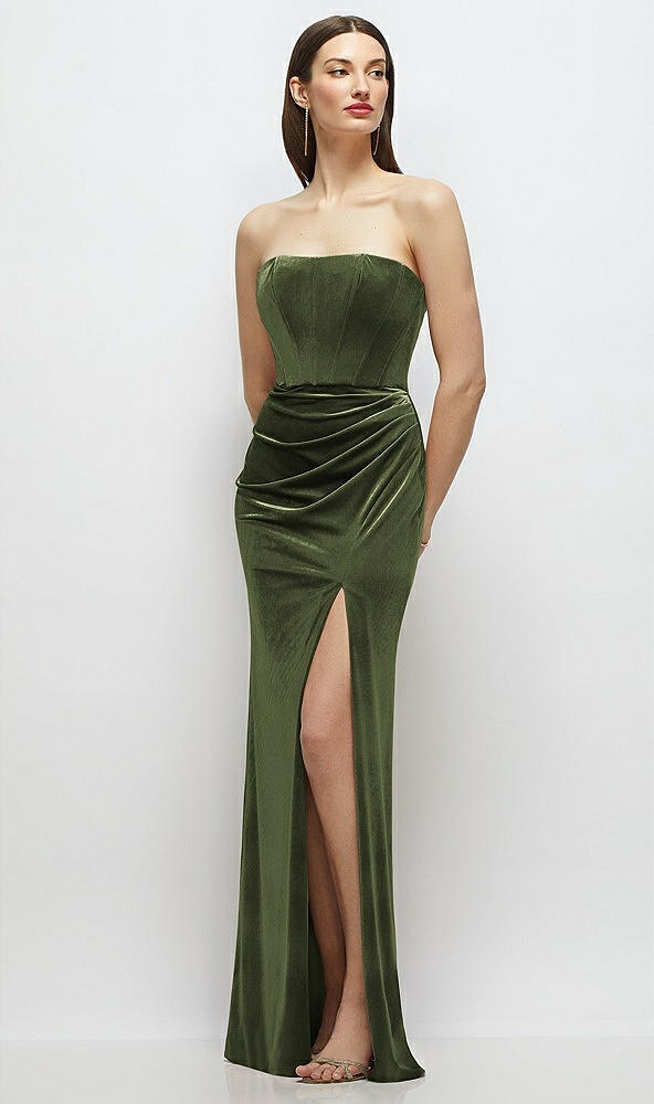Front View - Olive Green Strapless Corset Bodice Velvet Column Maxi Dress