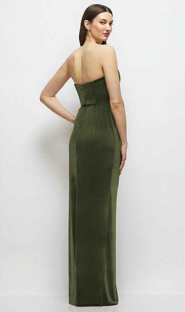 Back View - Olive Green Strapless Corset Bodice Velvet Column Maxi Dress