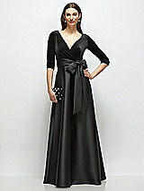 Front View Thumbnail - Black 3/4 Sleeve Wrap Bodice Full Skirt Black Velvet and Satin Dress with Sash