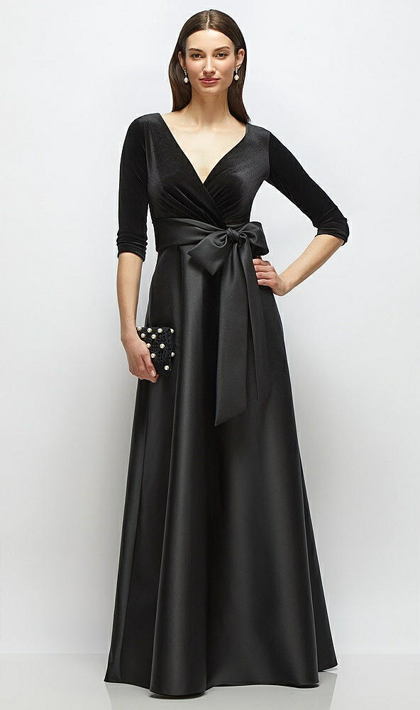 Front View - Black 3/4 Sleeve Wrap Bodice Full Skirt Black Velvet and Satin Dress with Sash