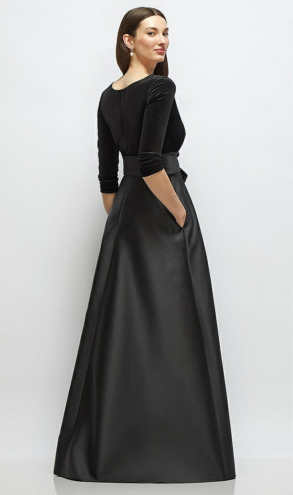 Back View - Black 3/4 Sleeve Wrap Bodice Full Skirt Black Velvet and Satin Dress with Sash