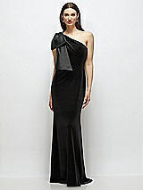 Front View Thumbnail - Black One-Shoulder Black Velvet Maxi Dress with Large Trailing Satin Bow