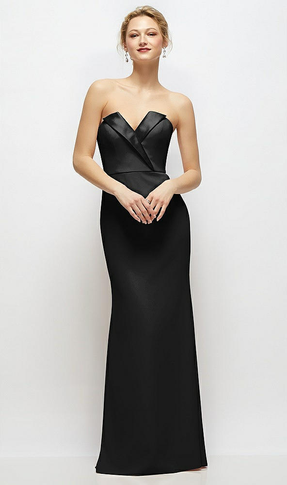 Front View - Black Strapless Crepe Tuxedo Gown with Satin Lapels and Buttons