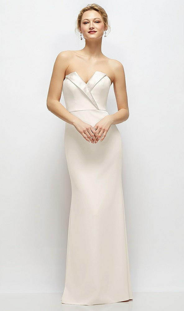 Front View - Ivory Strapless Crepe Tuxedo Gown with Satin Lapels and Buttons