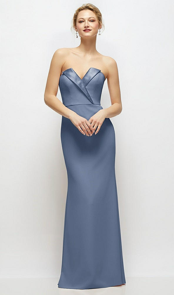 Front View - Larkspur Blue Strapless Crepe Tuxedo Gown with Satin Lapels and Buttons