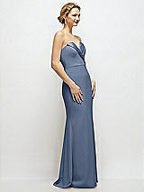 Side View Thumbnail - Larkspur Blue Strapless Crepe Tuxedo Gown with Satin Lapels and Buttons