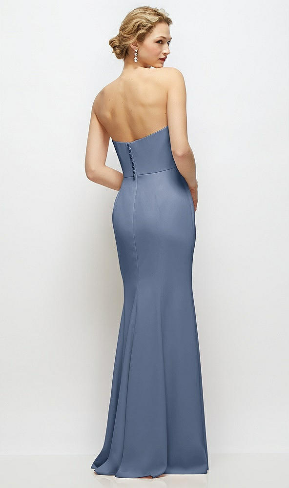 Back View - Larkspur Blue Strapless Crepe Tuxedo Gown with Satin Lapels and Buttons