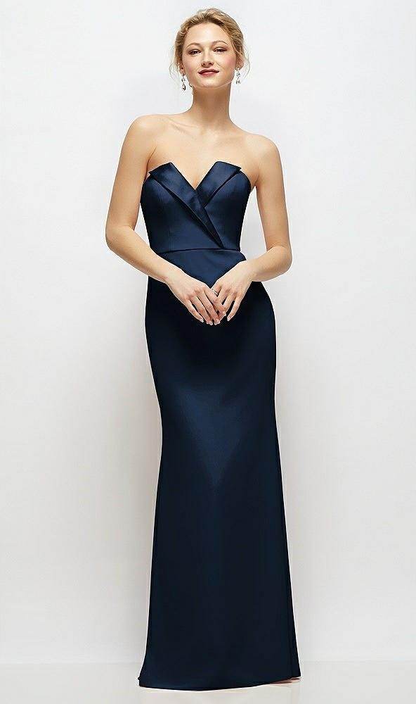 Front View - Midnight Navy Strapless Crepe Tuxedo Gown with Satin Lapels and Buttons