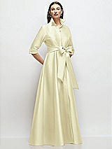 Front View Thumbnail - Butter Yellow 3/4 Sleeve Satin Shirt Dress Gown with Sash and Jeweled Buttons