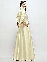 Rear View Thumbnail - Butter Yellow 3/4 Sleeve Satin Shirt Dress Gown with Sash and Jeweled Buttons