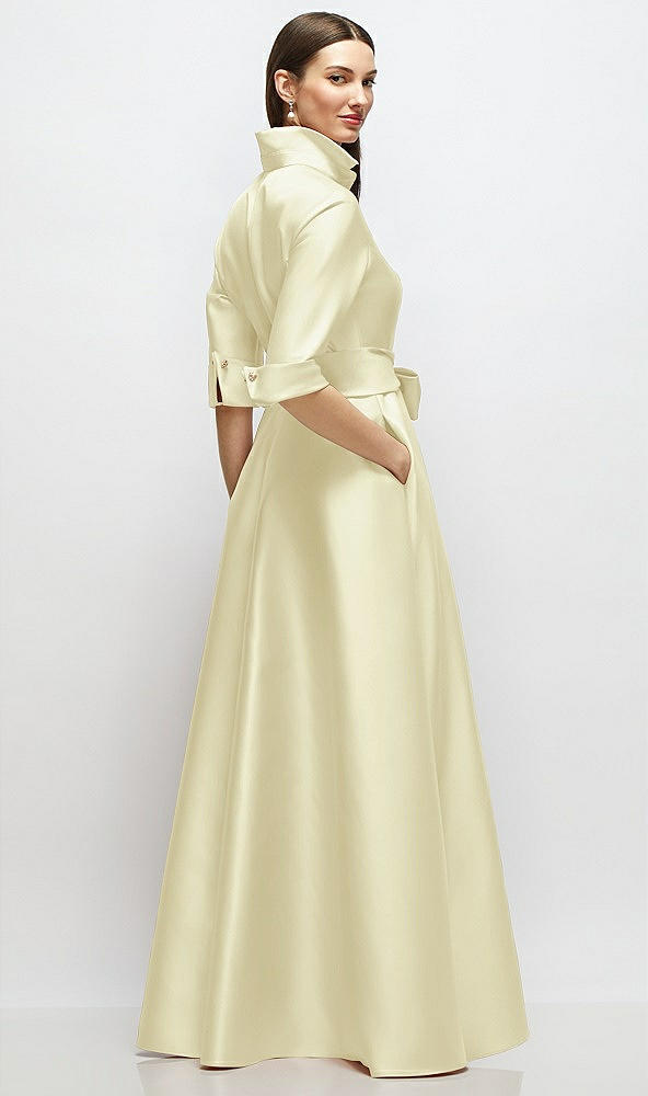 Back View - Butter Yellow 3/4 Sleeve Satin Shirt Dress Gown with Sash and Jeweled Buttons