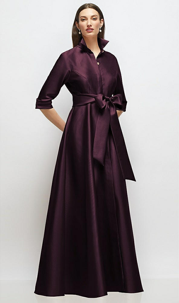 Front View - Deep Plum 3/4 Sleeve Satin Shirt Dress Gown with Sash and Jeweled Buttons