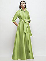 Front View Thumbnail - Mojito 3/4 Sleeve Satin Shirt Dress Gown with Sash and Jeweled Buttons