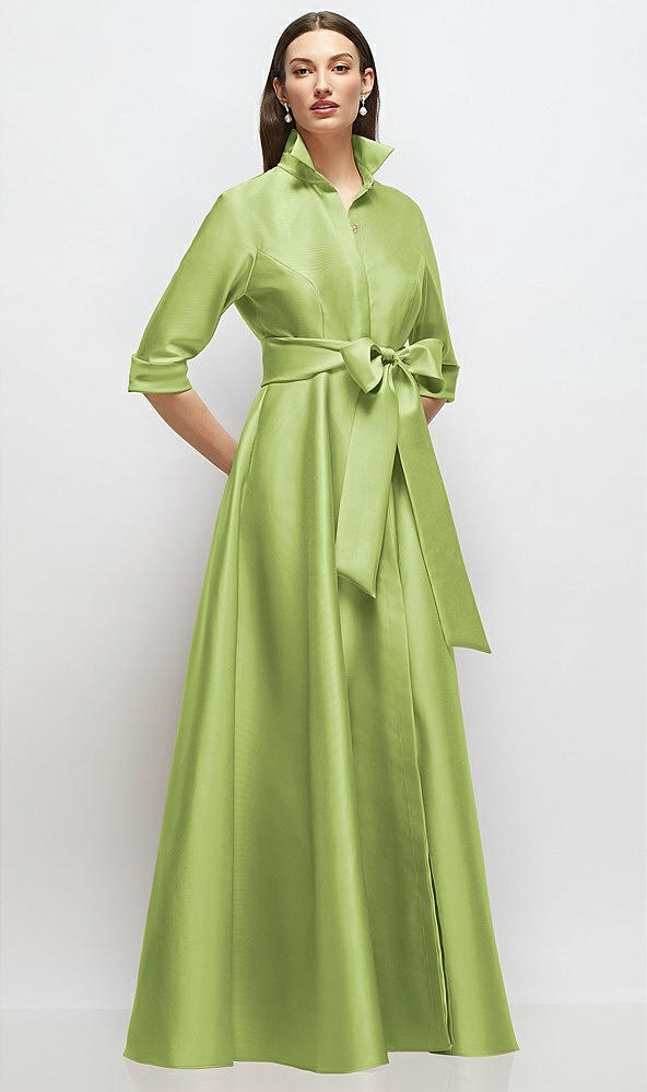 Front View - Mojito 3/4 Sleeve Satin Shirt Dress Gown with Sash and Jeweled Buttons