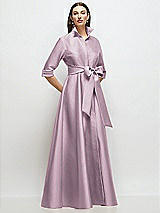 Front View Thumbnail - Suede Rose 3/4 Sleeve Satin Shirt Dress Gown with Sash and Jeweled Buttons