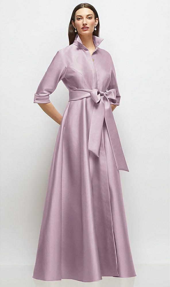 Front View - Suede Rose 3/4 Sleeve Satin Shirt Dress Gown with Sash and Jeweled Buttons