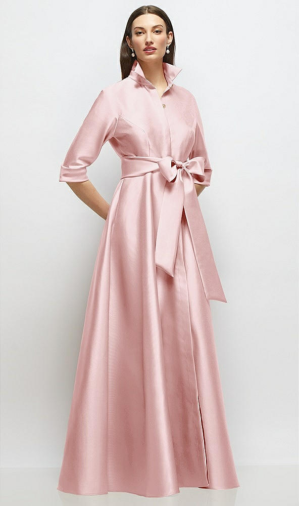 Front View - Ballet Pink 3/4 Sleeve Satin Shirt Dress Gown with Sash and Jeweled Buttons