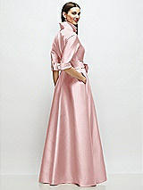 Rear View Thumbnail - Ballet Pink 3/4 Sleeve Satin Shirt Dress Gown with Sash and Jeweled Buttons