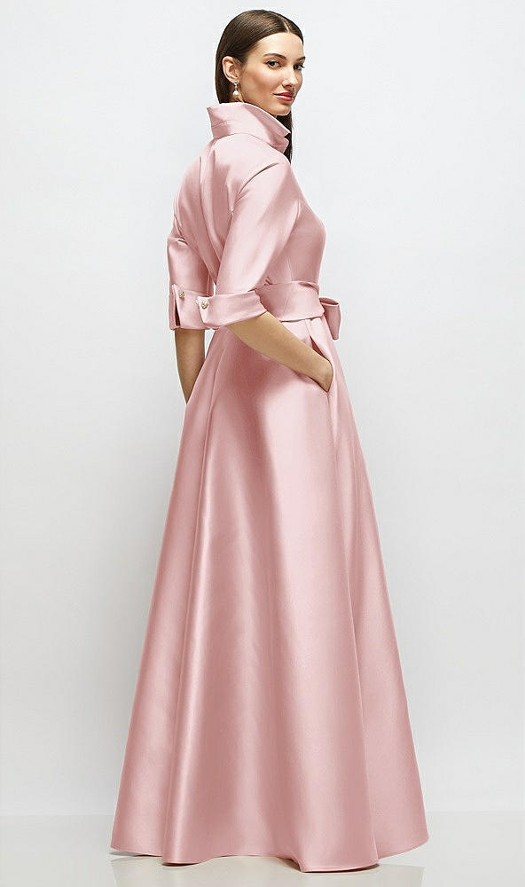 Back View - Ballet Pink 3/4 Sleeve Satin Shirt Dress Gown with Sash and Jeweled Buttons