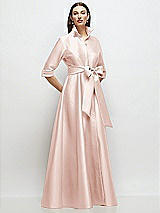 Front View Thumbnail - Blush 3/4 Sleeve Satin Shirt Dress Gown with Sash and Jeweled Buttons