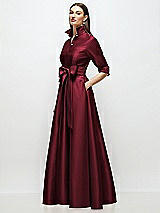 Side View Thumbnail - Cabernet 3/4 Sleeve Satin Shirt Dress Gown with Sash and Jeweled Buttons