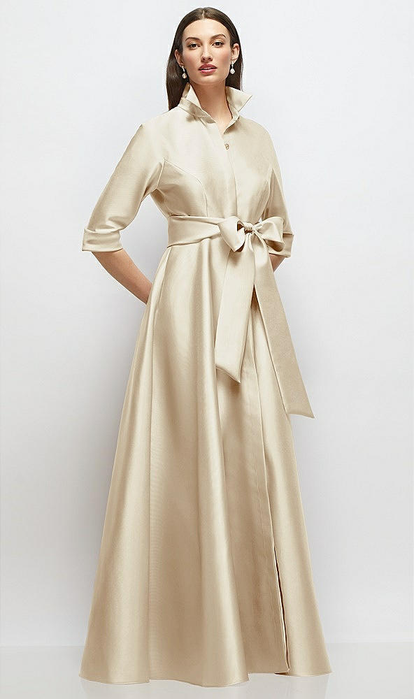 Front View - Champagne 3/4 Sleeve Satin Shirt Dress Gown with Sash and Jeweled Buttons