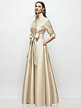 Side View Thumbnail - Champagne 3/4 Sleeve Satin Shirt Dress Gown with Sash and Jeweled Buttons