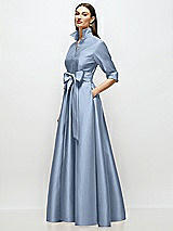 Side View Thumbnail - Cloudy 3/4 Sleeve Satin Shirt Dress Gown with Sash and Jeweled Buttons
