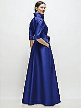 Rear View Thumbnail - Cobalt Blue 3/4 Sleeve Satin Shirt Dress Gown with Sash and Jeweled Buttons
