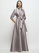 Front View Thumbnail - Cashmere Gray 3/4 Sleeve Satin Shirt Dress Gown with Sash and Jeweled Buttons