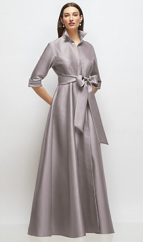 Front View - Cashmere Gray 3/4 Sleeve Satin Shirt Dress Gown with Sash and Jeweled Buttons