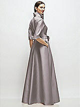 Rear View Thumbnail - Cashmere Gray 3/4 Sleeve Satin Shirt Dress Gown with Sash and Jeweled Buttons