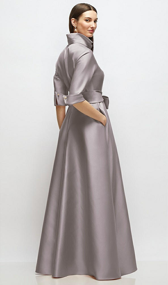 Back View - Cashmere Gray 3/4 Sleeve Satin Shirt Dress Gown with Sash and Jeweled Buttons