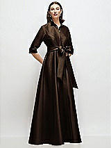 Front View Thumbnail - Espresso 3/4 Sleeve Satin Shirt Dress Gown with Sash and Jeweled Buttons