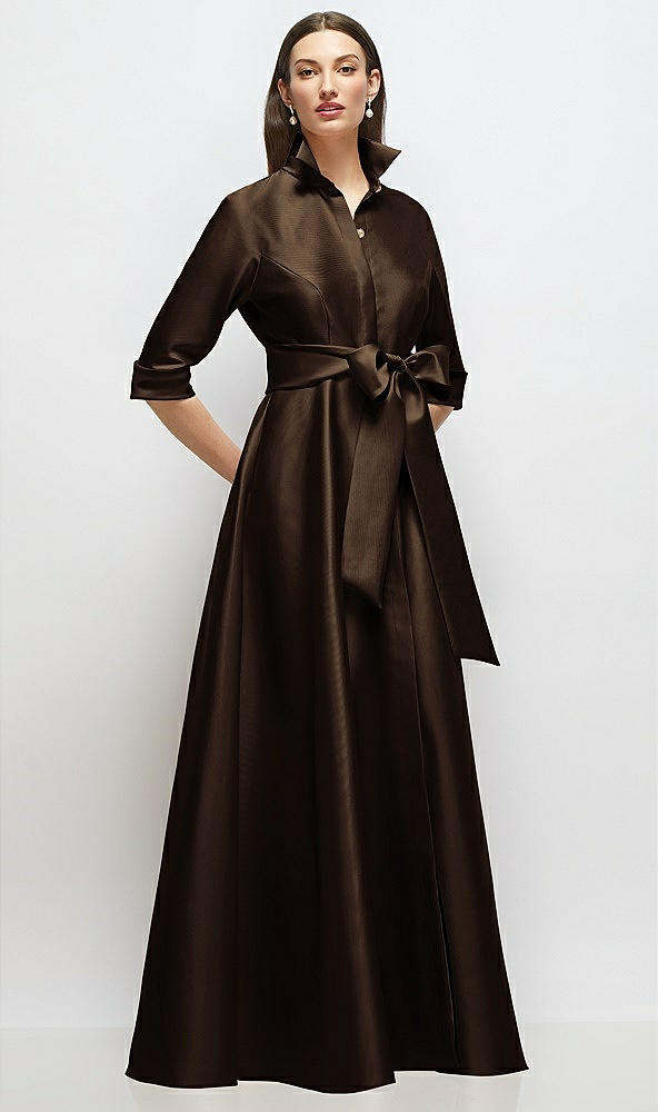 Front View - Espresso 3/4 Sleeve Satin Shirt Dress Gown with Sash and Jeweled Buttons