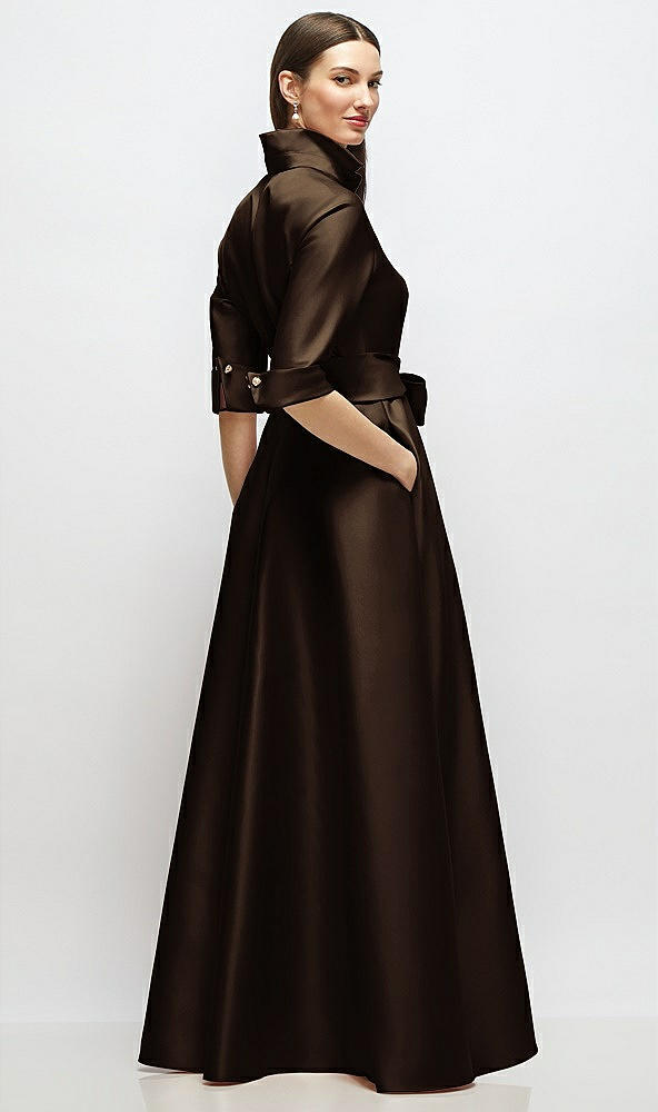 Back View - Espresso 3/4 Sleeve Satin Shirt Dress Gown with Sash and Jeweled Buttons