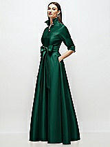Side View Thumbnail - Hunter Green 3/4 Sleeve Satin Shirt Dress Gown with Sash and Jeweled Buttons
