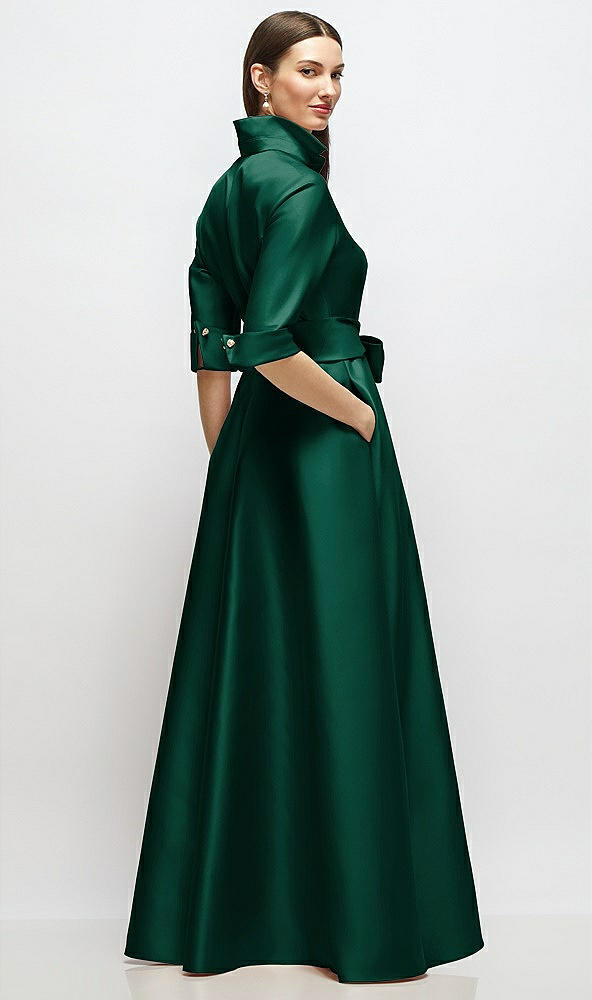 Back View - Hunter Green 3/4 Sleeve Satin Shirt Dress Gown with Sash and Jeweled Buttons