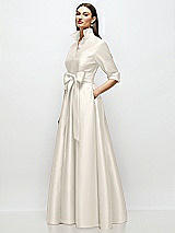 Side View Thumbnail - Ivory 3/4 Sleeve Satin Shirt Dress Gown with Sash and Jeweled Buttons
