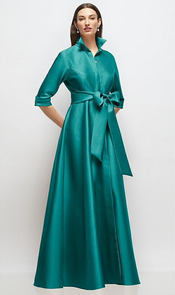 Front View - Jade 3/4 Sleeve Satin Shirt Dress Gown with Sash and Jeweled Buttons
