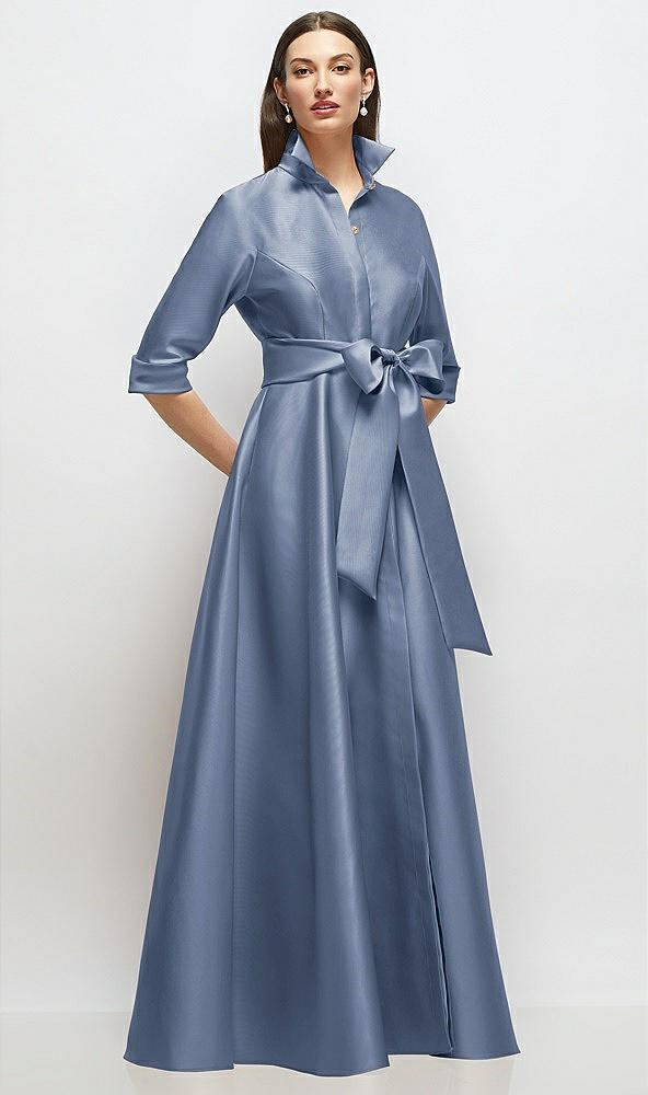 Front View - Larkspur Blue 3/4 Sleeve Satin Shirt Dress Gown with Sash and Jeweled Buttons