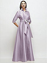 Front View Thumbnail - Lilac Haze 3/4 Sleeve Satin Shirt Dress Gown with Sash and Jeweled Buttons