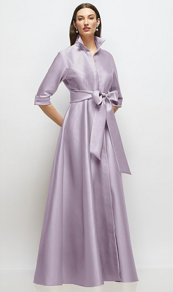Front View - Lilac Haze 3/4 Sleeve Satin Shirt Dress Gown with Sash and Jeweled Buttons
