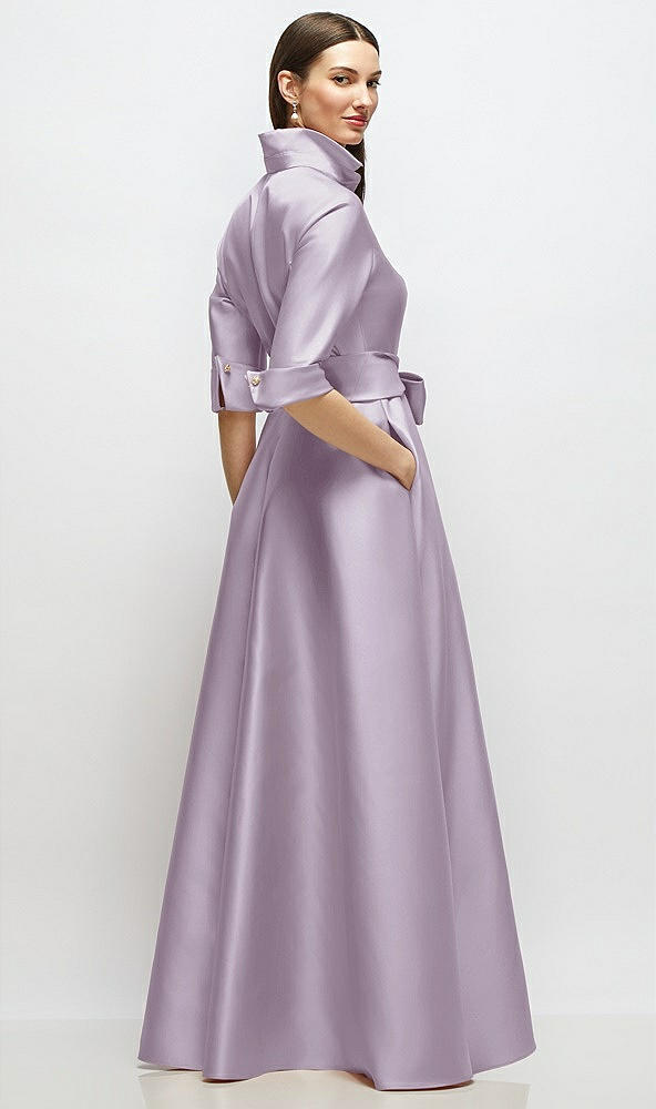 Back View - Lilac Haze 3/4 Sleeve Satin Shirt Dress Gown with Sash and Jeweled Buttons