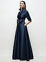 Side View Thumbnail - Midnight Navy 3/4 Sleeve Satin Shirt Dress Gown with Sash and Jeweled Buttons