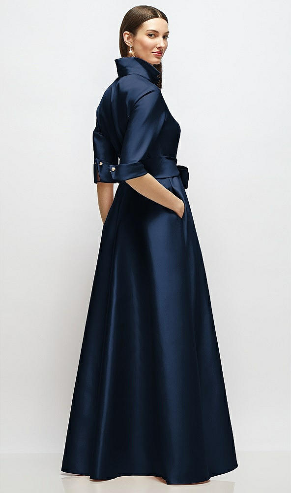Back View - Midnight Navy 3/4 Sleeve Satin Shirt Dress Gown with Sash and Jeweled Buttons
